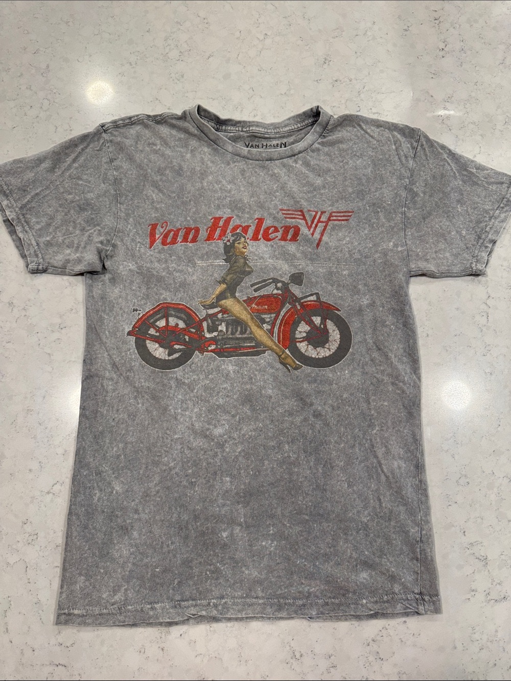 Van Halen Medium Stonewashed Rock n Roll Graphic Tee Girl Riding Red Motorcycle